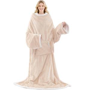 lot 1410 image: Wearable Electric Blanket with Foot Pocket and Sleeves, Heating Throw Blanket, 6 Heating Levels & Auto Shut Off, Machine Washable (Long, Beige)