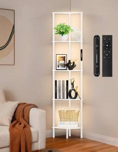 lot 1412 image: OUTONLIFE 5 Tier Corner Shelf with LED Light, Touch & Remote Control, Dimmable Narrow Corner Bookshelf with 3 Color Temperature, 1-Hour Timer, Display Shelves for Living Room, Bedroom(White)