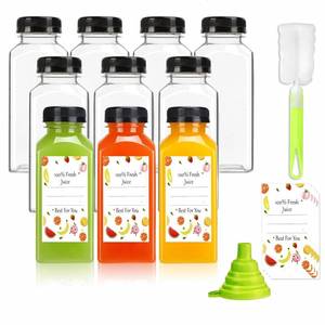 lot 1414 image: Sonfon Plastic Juice Bottles with Caps 10pcs 12oz, Reusable Juice Containers with Tamper Proof Lids Black, Clear Bottles for Juicing, Milk, Smoothie Bottle, Drinking with 10Pcs Labels & Bottle Brush