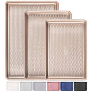 lot 1429 image: HONGBAKE Baking Sheet Pan Set of 3, Cookie Sheets for Oven, Nonstick HalfQuarterJelly Roll Pans with Diamond Texture Pattern, 0.8mm Thick Heavy Duty Cookie Tray, Champagne Gold