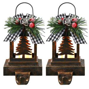 lot 1440 image: Therwen 2 Pcs Christmas Stocking Holders Lantern Christmas Stocking Hangers for Mantel Xmas Hooks Decorative Retro Light up Holders for Home Indoor Outdoor Decor(Xmas Tree,Bronze)