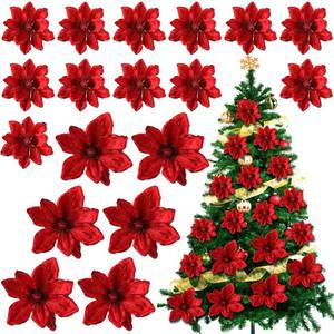 lot 2042 image: Suncalla 18 Pcs 12 9.8 Large Poinsettia Flowers Artificial for Christmas Tree Glitter Poinsettias Picks with Stem Xmas Faux Silk Floral Ornaments for Santa Garland Home Decoration Party(Red)