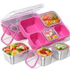 lot 2064 image: BiuLeon Snackle Box Containers, Stainless Steel 5 Compartments Divided Serving Tray with Lid, Removable LeakProof Portable Bento Box for Fruit Candy Nuts Food - School, Picnic and Travel��Pink��