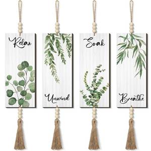 lot 6330 image: Qunclay 4 Pieces Boho Wall Decor for Bathroom 12 x 5 Inch Relax Soak Unwind Breathe Bathroom Sign with Beads Leaf Print Minimalist Botanical Wall Art Farmhouse Wooden Hanging Art(Green,Plant)