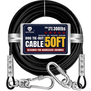 lot 6336 image: Tie Out Cable for Dogs Up to 300lbs,50ft Extra Strong 1000lbs Break Strength Tie-Out Tether Trolley Training Lead,Dog Run Cable for Yard Garden Park Camping Outside (Black, 300lbs 50ft)