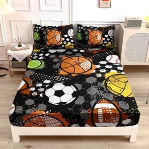 lot 6341 image: UEVBF Kids Sports Balls Bedding Twin Bed Set - Tie-Dyed Football Basketball Baseball Print Fitted Sheet Set for Boys Room Decor - Sports Themed Bedding - 1 Fitted Sheet  2 Pillowcases