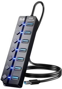 lot 6344 image: USB 3.0 Hub, PANPEO 7-Port USB Data Hub Splitter with 3ft Long Cable USB Extension for Laptop,PC Computer,Surface Pro, PS45, Flash Drive, Mobile HDD - with LED Individual OnOff