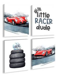 lot 6357 image: Framed Race Car Wall Art Boys Room Decor, Little Racer Dude Prints, Watercolor Red Sports Car Racing Helmet Tires Canvas Posters for Childrens Room Nursery Decor, Set of 4, 8x10 inches