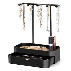 lot 6361 image: TACGEA Jewelry Holder Organizer, Jewelry Display Stand with Metal Holder and Plastic Tray, Black Double-Layer
