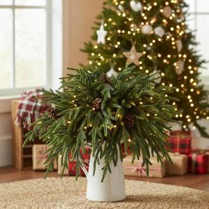 lot 7099 image: 12 Pcs Christmas Lighted Norfolk Pine Stems 18 Inch with Lights & Pine Cones, Prelit Pine Branches, Picks for Vase, Fireplace Mantel Decor, Holiday Centerpieces & Indoor Decorations, Filler