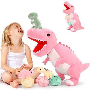 lot 7108 image: MorisMos Dinosaur Stuffed Animal with Babies,23.6 Big Mommy Stuffed Dino T-rex with 3 Baby Dino Stuffed Toys & 3 Eggs Plush Inside Belly, Boy Girl Dinosaur Toys for Kids 3-5, Pink T-rex Toys Gift