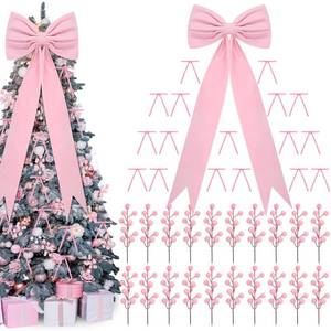 lot 7114 image: Maysing Pink Christmas Tree Decorations Bows and Berry Picks Set Include 1 Pcs 16 x 40 Large Tree Topper Bow 24 Small Pink Velvet Bows 24 Berry Picks Xmas Ornaments for Home Birthday Holiday Decor