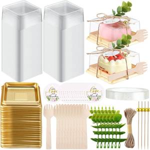 lot 7118 image: Honeydak Clear Cake Containers with Lids Wedding Cake Pans Cupcake Container Muffins Box Cocktail Picks Appetizer Thanks Tags Eucalyptus Leaves for Wedding Birthday Dessert Display(50 Sets)