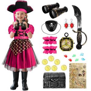 lot 7120 image: deAO Pirate Costume for Girls Halloween Costume Set with Dress,Hat,Telescope,Map Role Play Dress Up for Kids Birthday Party