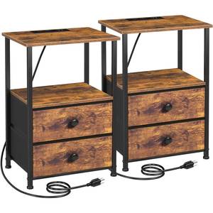 lot 7124 image: LOAKEKEL Night Stand Set 2, Nightstand with Charging Station, End Tables with Storage Shelf for Small Spaces, Bedside Table Side Tables with 2 Fabric Drawers for Bedroom, Rustic Brown, HETS020PBR