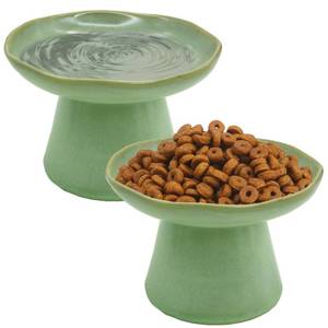 lot 7126 image: VCEPJH Elevated Shallow Cat Bowls 6.1in Ceramic Cat Food Plate Pack of 2 Raised Cats Dish Flat Anti Whisker Fatigue Wide Pet Food & Water Feeder for Indoor Kitty Kitten (Green)