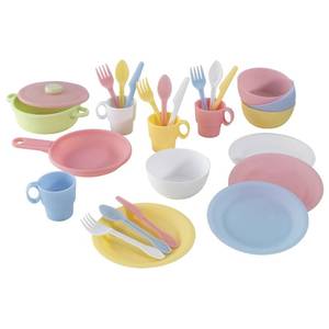 lot 7132 image: KidKraft 27-Piece Pastel Cookware Set, Plastic Dishes and Utensils for Play Kitchens, Gift for Ages 18 mo