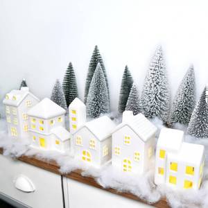lot 7133 image: JETEHO Ceramic Christmas Village Houses 5 Pcs White Houses & 9 Pcs Trees & Fake Snow Farmhouse Christmas Decorations Indoor for Home Table Mantle Fireplace