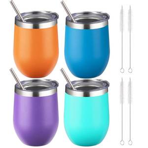 lot 7134 image: 12 oz Insulated Wine Tumbler with Lid and Straw,Stainless Steel Stemless Wine Tumbler Double Wall Vacuum Wine Cups Tumbler Bulk for Coffee,Champaign,Cocktail,Office(OrangeTealPurpleSky blue)