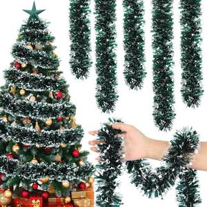 lot 7135 image: Poen 100 ft Christmas Tinsel Garland Christmas Tree Decorations Metallic Tinsel Thick Twist Garland Xmas Party Supplies for Indoor Outdoor Fireplace Mantle(Dark Green, Black)