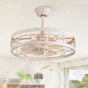 lot 7139 image: LEDIARY 22 inch Caged Ceiling Fan with Light, Bladeless Industrial Ceiling Fan with Remote, Farmhouse Fan Lights Ceiling Fixtures for Kitchen, Bedroom, Outdoor��6 Speed, Timing��-White and Gold