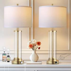 lot 7140 image: QiMH Lamps for Bedrooms Set of 2, Touch Control Table Lamps with USB AC Ports, 3-Way Dimmable Bedside Lamp with Fabric Lampshade, Modern Nightstand Lamp for Living Room Bedroom (LED Bulbs Included)