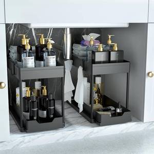 lot 7143 image: DEKAVA Under Sink Organizer 2 Pack, Bathroom Cabinet Organizer, 2 Tier Sliding Cabinet Basket Organizer Drawer, Multi-Purpose Bath Collection Baskets for Bathroom (Black)