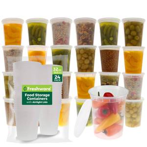 lot 7144 image: Freshware Food Storage Containers 24 Set 32 oz Plastic Deli Containers with Lids, Slime, Soup, Meal Prep Containers  BPA Free  Stackable  Leakproof  MicrowaveDishwasherFreezer Safe