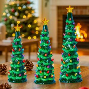 lot 7145 image: Brightown Lighted Ceramic Christmas Tree Set of 3, Pre-Lit Hand-Painted Tabletop Christmas Tree with Multicolored LED Lights, Battery Operated Vintage Ceramic Tree for Home Table Holiday Decor, Green