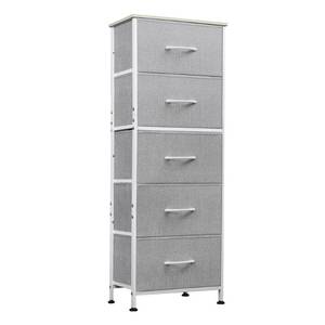 lot 7147 image: WLIVE Fabric Dresser, 5-Drawer Tall Dressers for Bedroom, Storage Dresser Organizer with Fabric Bins, Wood Top, Sturdy Steel Frame, Chest of Drawers for Closet, Hallway, Light Grey