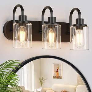 lot 7155 image: Baocuz 3-Light Bathroom Light Fixtures, Black Vanity Light Farmhouse Wall Sconces with Clear Glass Shade, Modern Bathroom Wall Lamp for Mirror Bedroom Hallway Living Room Cabinet