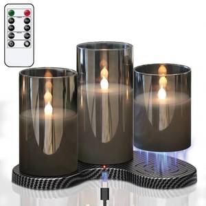 lot 7157 image: GenSwin Rechargeable Candles with Remote Timer, 3 Pack Glass Flameless Candles with Charging Base, Black LED Candles Flickering Battery Operated for Halloween Home Decorations(Set of 3, D3�� x H4��5��6��)