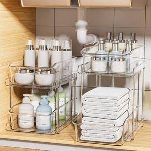 lot 7158 image: Delamu 2-Tier Under Sink Organizers and Storage, Multi-Purpose Stackable Bathroom Cabinet organizers, Pull Out Kitchen Pantry Organization and Storage with Dividers(2 Pack, Clear)