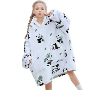 lot 7164 image: Kipswiza Panda Print Wearable Blanket Hoodie for Kids - Oversized Sherpa Fleece Hoodie Blanket Sweatshirt for Girls Boys 6-13 (43-411), Cozy Gift, Light Grey