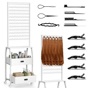 lot 7168 image: Portable Braiding Hair Rack With Wheels & Storage Drawers,2-sided 288 Pegs,Hair Extension Holder Hanger for Braiding Hair Separator Stand Display,Hair rack with stylist hair braiding tools��White��