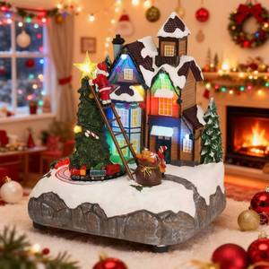 lot 7184 image: PETAFLOP Christmas Village Houses with Rotating Train, LED Lighted Musical Christmas House Decorations, Resin Xmas Gift for Family Kids Indoor Tabletop Display