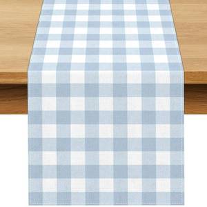lot 8028 image: Buxiuer Dusty Blue Gingham Table Runner Light Blue Checkered Boy Girl Baby Shower Birthday Party Decoration Home Dining Kitchen Island Decor (13 x 72)