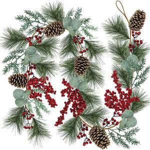 lot 8033 image: 6 Long Christmas Artificial Pine Needle Garland Wired Rustic Twig Vine Birch with Assorted Faux Red Berries Eucalyptus Leaves Natural Pine Cones Fir Sprigs Holiday Season Winter Decor
