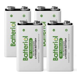 lot 8072 image: Batteriol 9V Lithium Batteries, 1200mAh Lithium 9 Volt Batteries, 10 Year Shelf Life, Long-Lasting Power for Smoke Detector, Microphone and Walkie Talkie, Non-Rechargeable 4 Pack
