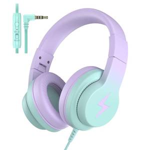 lot 8084 image: Candy Bila Kids Headphones, Wired Headphones for Kids Over Ear with Microphone, 8594dB Volume Limiter Headphone for Girls Boys, Foldable Headphone for Learning & Entertainment,Gradient Purple