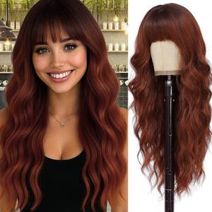 lot 8086 image: Long Ginger Orange Wigs with Bangs 26Inch Wavy Curly Hair for Women Tangle Free Soft Natural Looking Premium Heat Resistant Protein Fiber Daily Party Use
