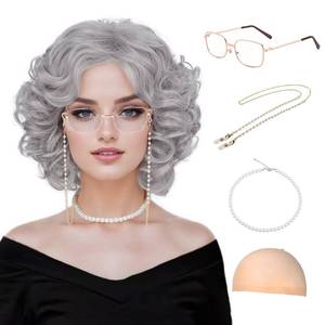 lot 8430 image: Guree Hair Old Lady Wigs for Women, Grey Wigs for Granny Grandma Costume-Gray Wig, Wig Cap, Madea Granny Glasses, Eyeglass Retainer Chain, Pearl Necklace (5pcs Set)