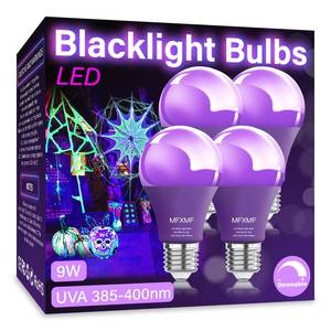 lot 8440 image: mfxmf 4 Pack A19 LED Black Light Bulbs,9W (100W Equivalent) E26 Base Dimmable Black Lights, UVA Level 385-400NM, Halloween Light Bulbs��Glow in The Dark��Fluorescent Poster, Body Paint,Neon Glow Party
