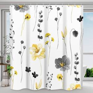lot 8443 image: WITHLOC Waterproof Shower Curtain Set with Hooks - Watercolor Yellow Gray Floral Plant Shower Curtains for Bathroom, 72 x 72