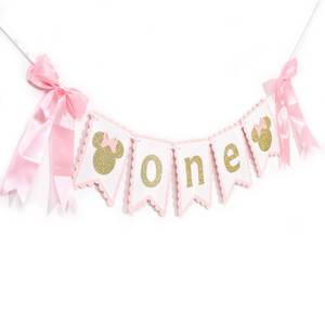 lot 8450 image: Mouse One High Chair Banner - Mouse First1st Birthday Decorations,Pink And Gold Banner, Bow Girl 1st Pink Decor (mouse-3)