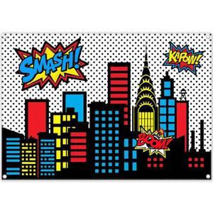 lot 8463 image: Yriujul 7x5ft Superhero Cityscape Photography Backdrop Skyline Buildings City Boom Background Kids Birthday Banner Party Baby Shower Decorations Photo Props