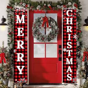 lot 8474 image: Ivenf Christmas Decorations Outdoor Yard Front Porch Sign Set, Red Black Buffalo Plaid Door Banner, Hanging Merry Christmas Decorations for Home, Indoor Outdoor Xmas Decor Wall Front Door Yard Garage