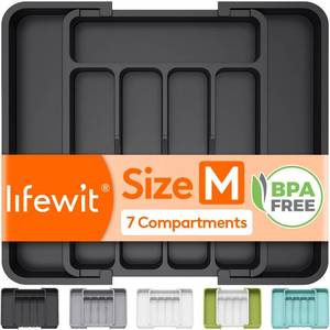 lot 8487 image: Lifewit Silverware Drawer Organizer, Expandable Utensil Tray for Kitchen, BPA Free Flatware and Cutlery Holder, Adjustable Plastic Storage for Spoons Forks Knives, 8.9-14.7 x 12.2, Black
