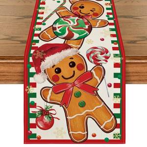 lot 8497 image: Artoid Mode Gingerbread Candy Cane Christmas Table Runner, Seasonal Winter Kitchen Dining Table Decoration for Home Party Decor 13x72 Inch