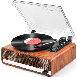 lot 13008 image: Vinyl Record Player with Speakers,3 Speed Turntable with Latest Bluetooth 5.3, Aux Input, Headphone Jack, RCA Output and Auto Stop, Mirror Vintage Wooden Brown